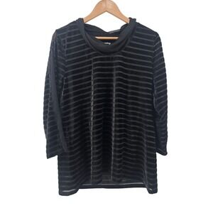 Soft Surroundings Black Velvet Stripe Mock Neck 3/4 Sleeve Tunic Petite Medium